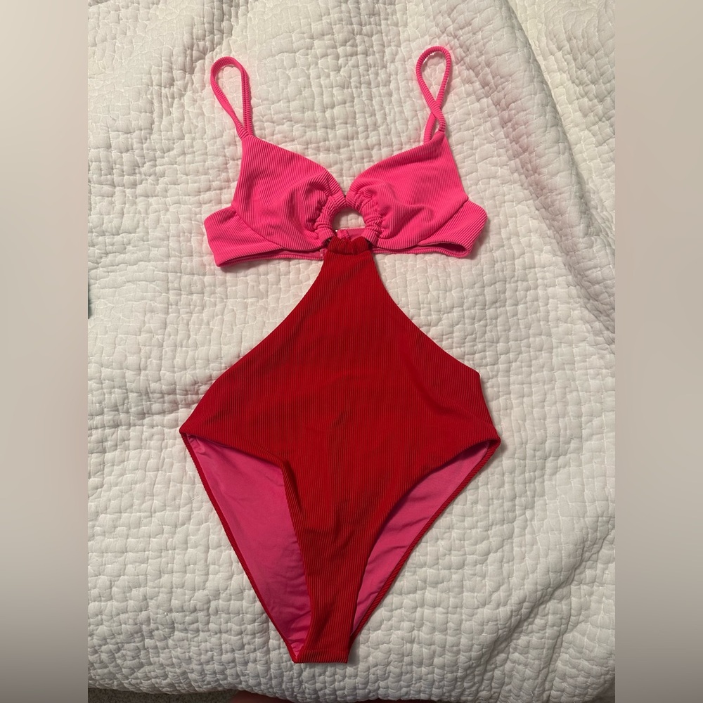 Pink and Red Cutout Swimsuit